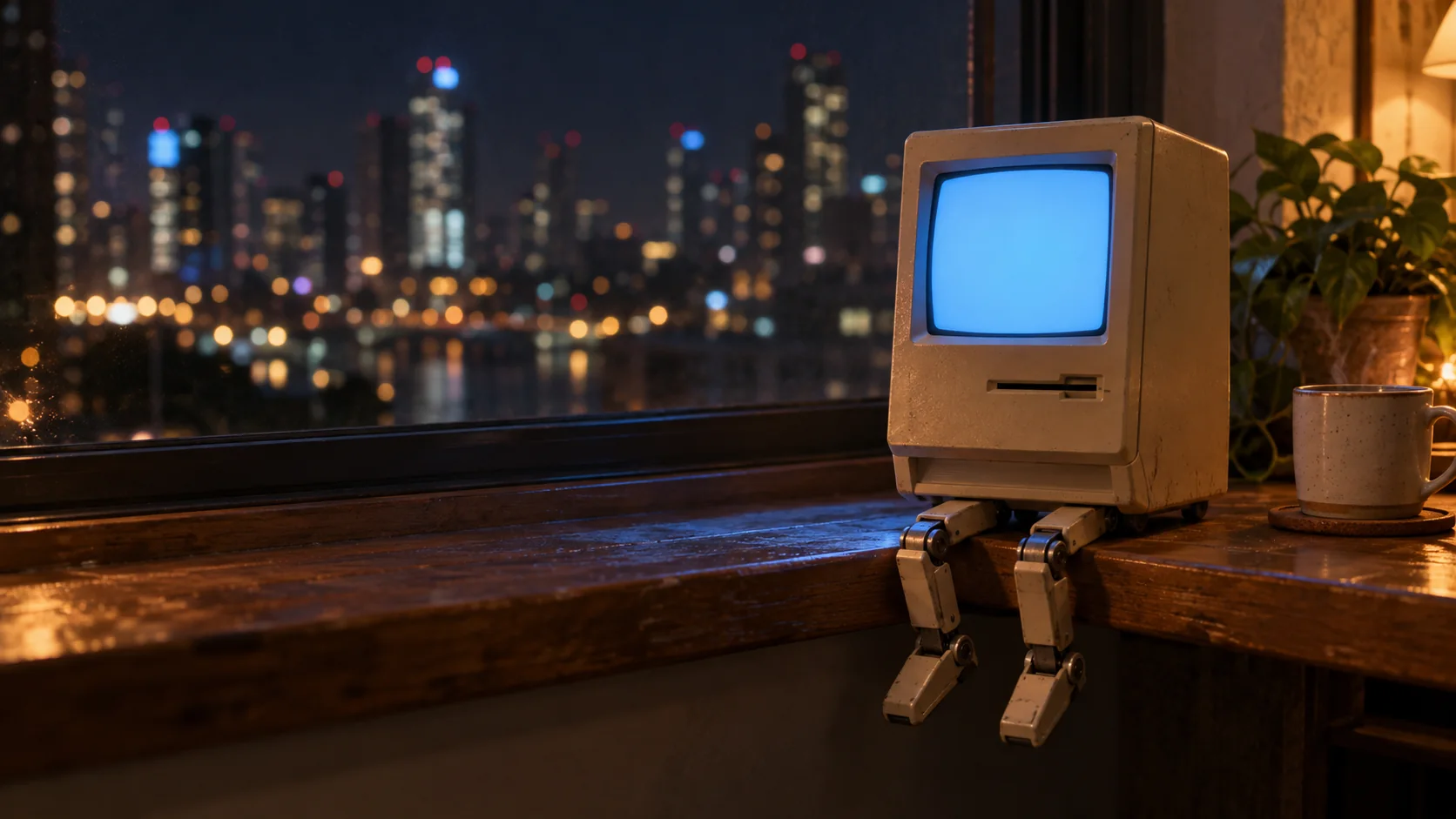 The watcher on its windowsill, city lights behind, a mug of tea beside it.